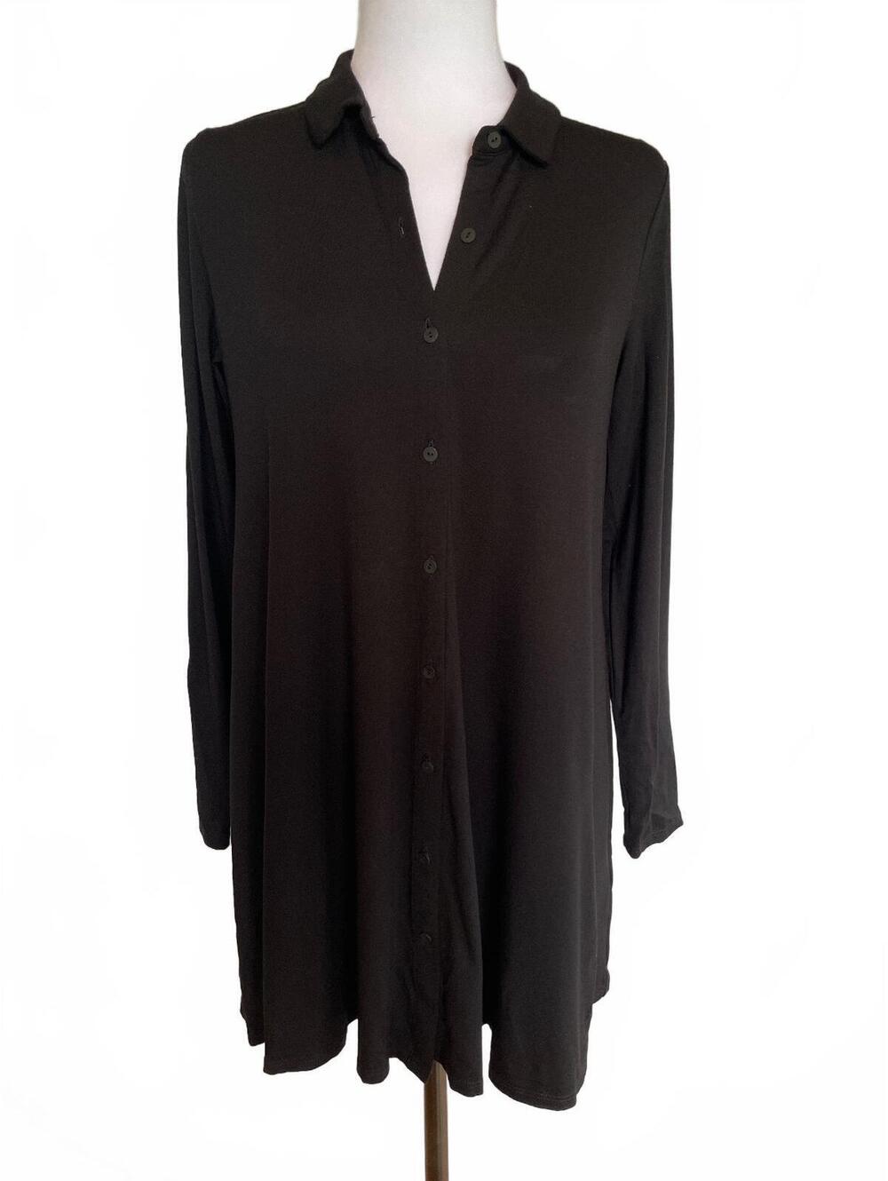 Eileen Fisher Black Viscose Stretch Button Front Collared Tunic Shirt S Capsule